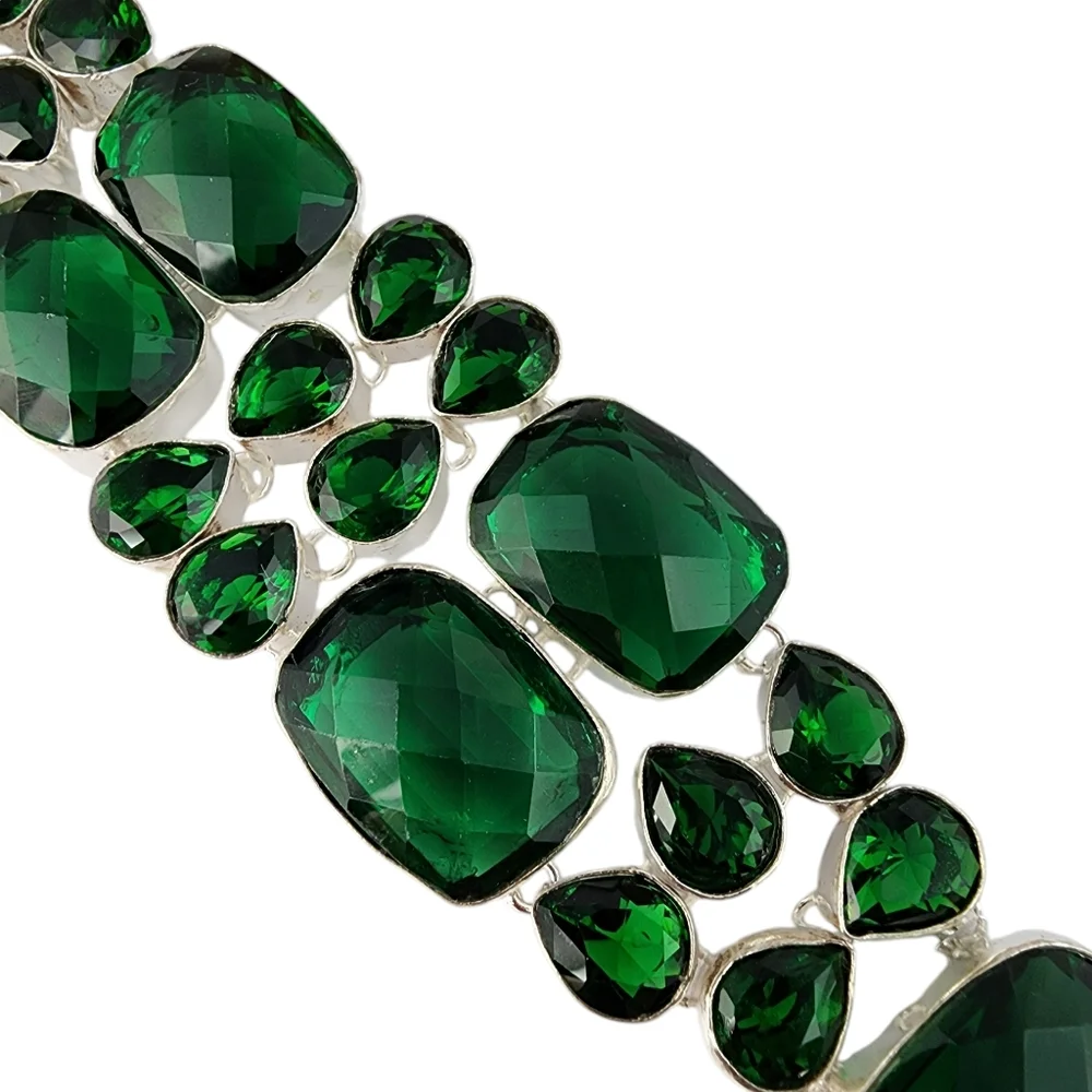 Green faceted glass silver bracelet chunky statement bracelet